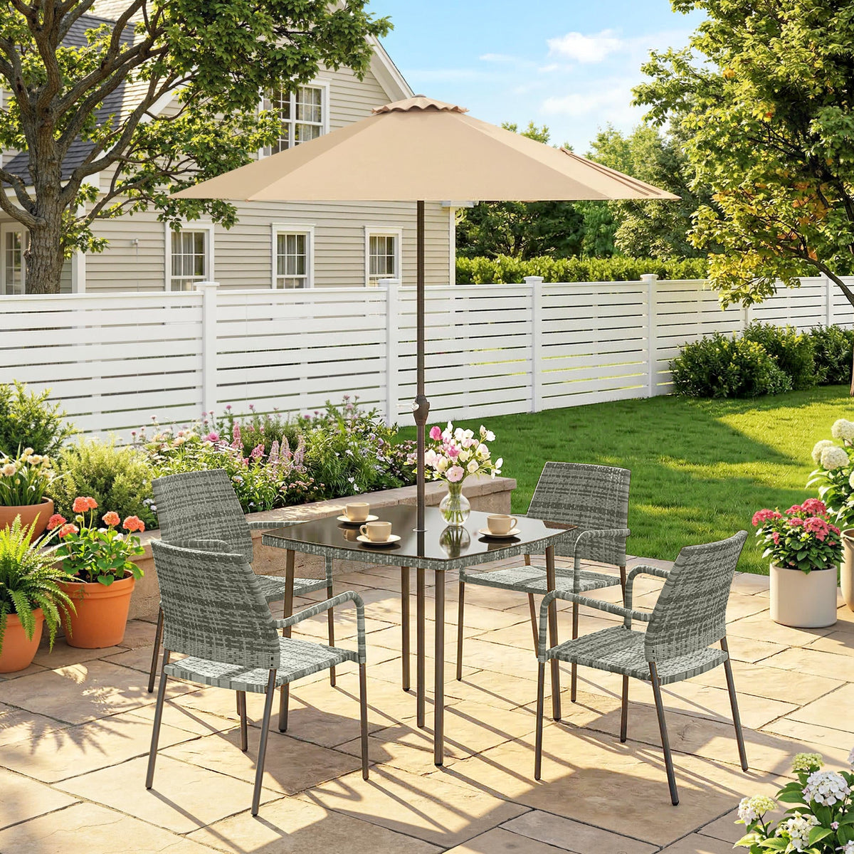 Outsunny 4 Seater Rattan Dining Set with Parasol, 6 Piece Garden Table and Stackable Chairs with Tempered Glass Tabletop - Light Grey