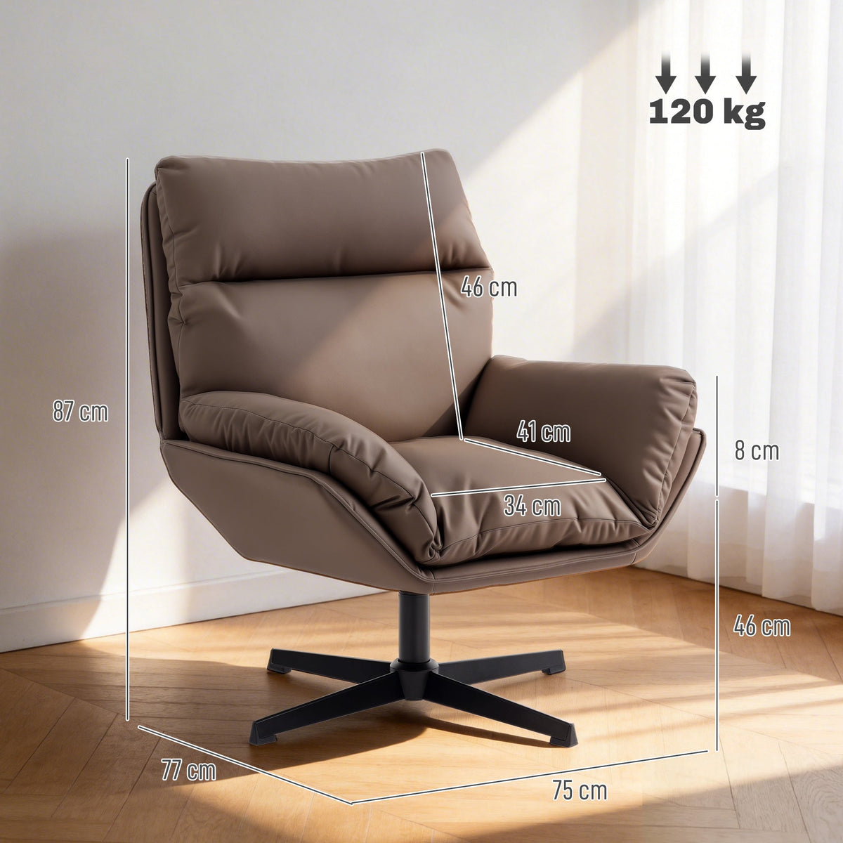 HOMCOM Accent Chair with 360 Swivel Armchair for Living Room with Padded Cushion Dark Brown