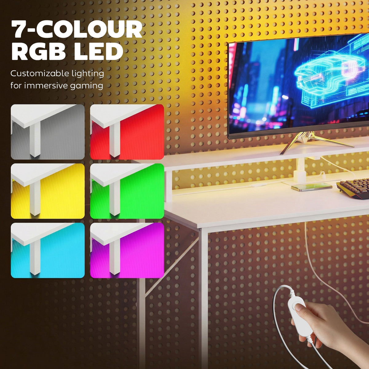 HOMCOM 147cm Gaming Desk with Charging Station and Monitor Stand, Computer Table for Home Office with RGB Lights, White
