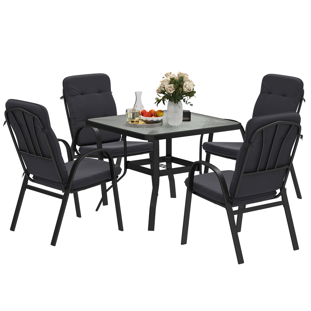 Outsunny Garden Dining Set, Glass Table w/ Umbrella Hole