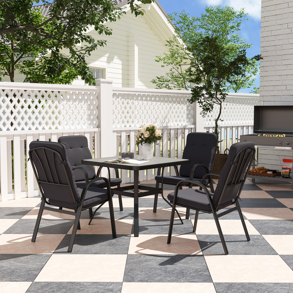 Outsunny Garden Dining Set, Glass Table w/ Umbrella Hole