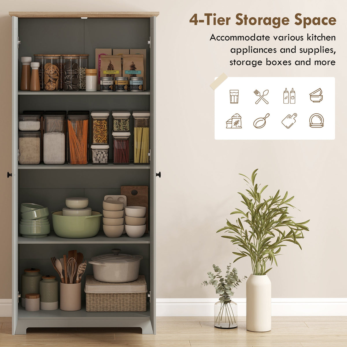 HOMCOM Kitchen Cupboard, 172cm Freestanding Storage Cabinet with Doors and Shelves, Grey