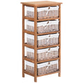 HOMCOM 5 Drawer Dresser Wicker Basket Storage Shelf Unit Wooden Frame Home Organisation Cabinet Bedroom Office Furniture Natural Finish