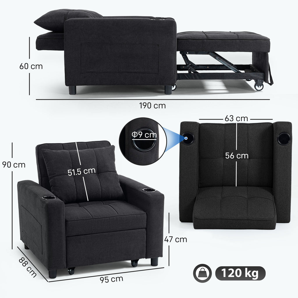 HOMCOM 3-in-1 Single Sofa Bed, Convertible Sleeper Chair Bed - Black