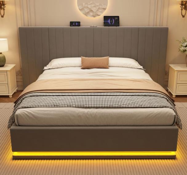 King Bed with LED Lighting, PU Leather Upholstered 5ft Bed with Hydraulic Storage