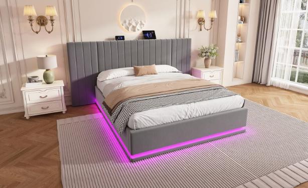 King Bed with LED Lighting, PU Leather Upholstered 5ft Bed with Hydraulic Storage