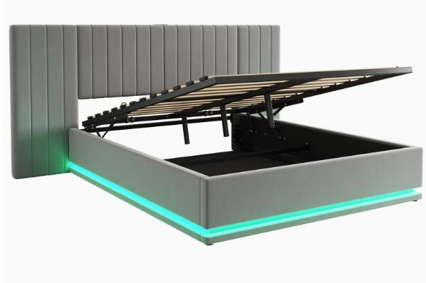 King Bed with LED Lighting, PU Leather Upholstered 5ft Bed with Hydraulic Storage