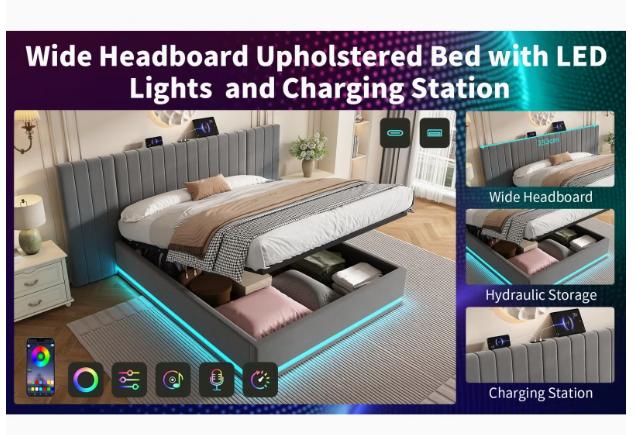 King Bed with LED Lighting, PU Leather Upholstered 5ft Bed with Hydraulic Storage