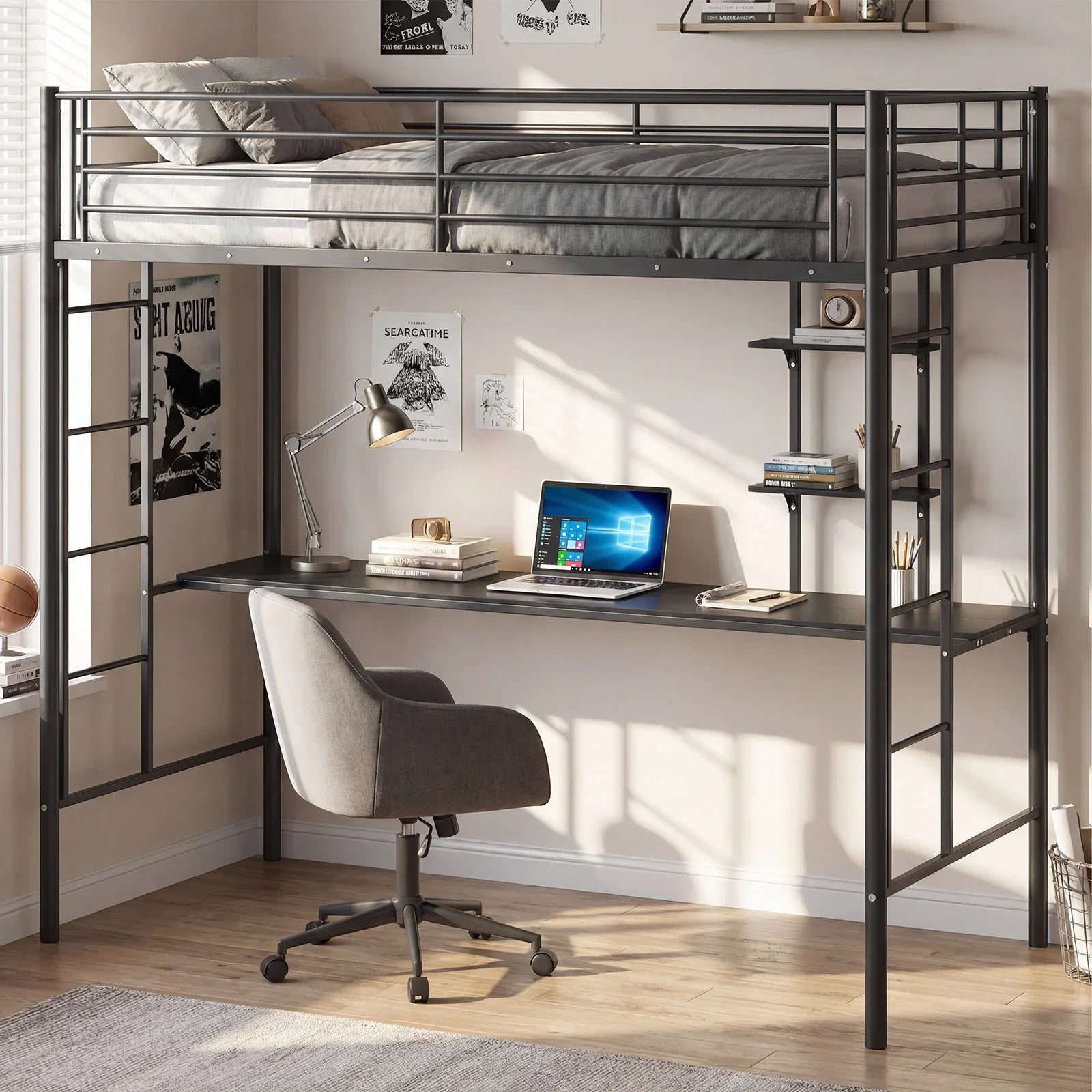 Single Size Loft Bed with Desk and Shelves Metal Loft Bed Frame-Black