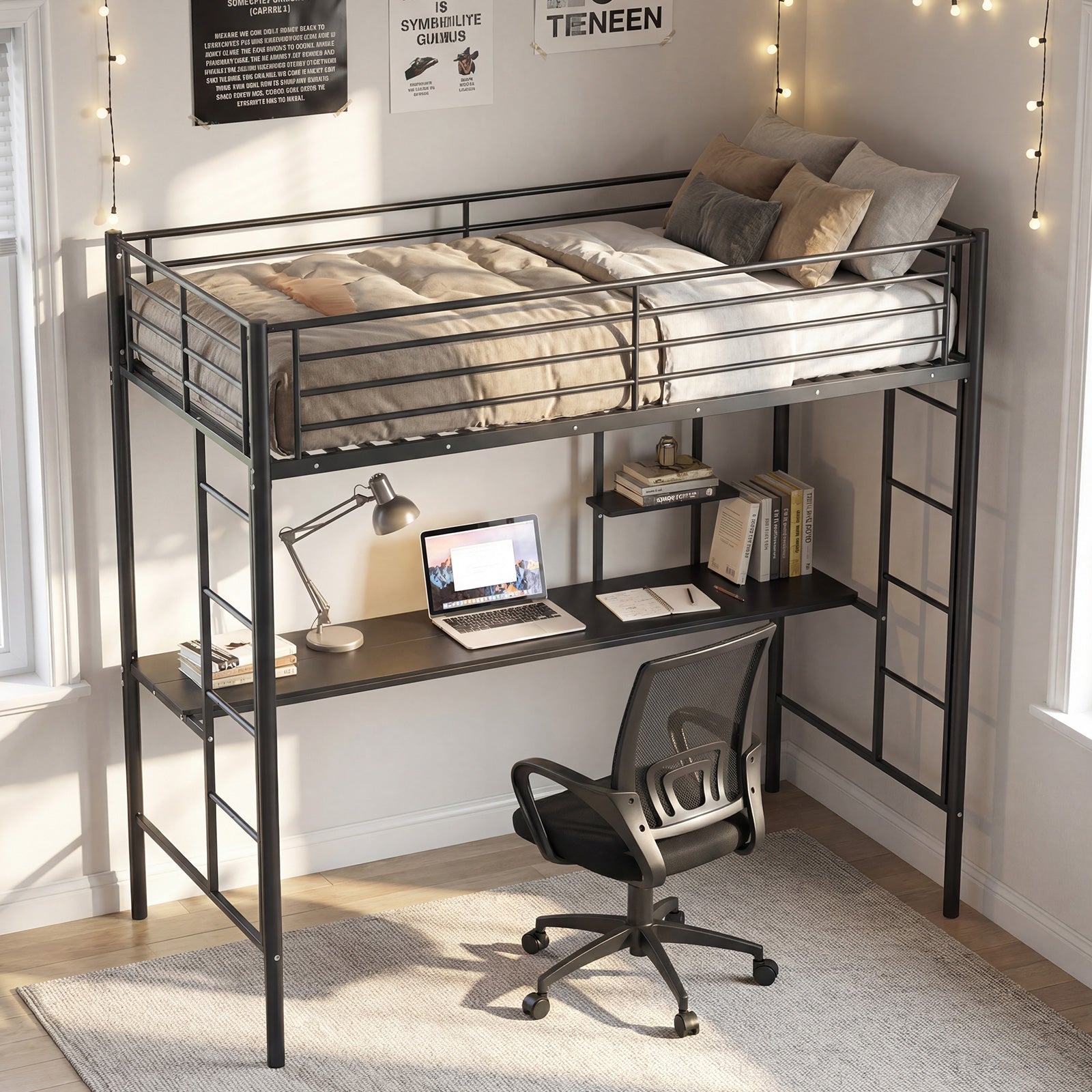 Single Size Loft Bed with Desk and Shelves Metal Loft Bed Frame-Black