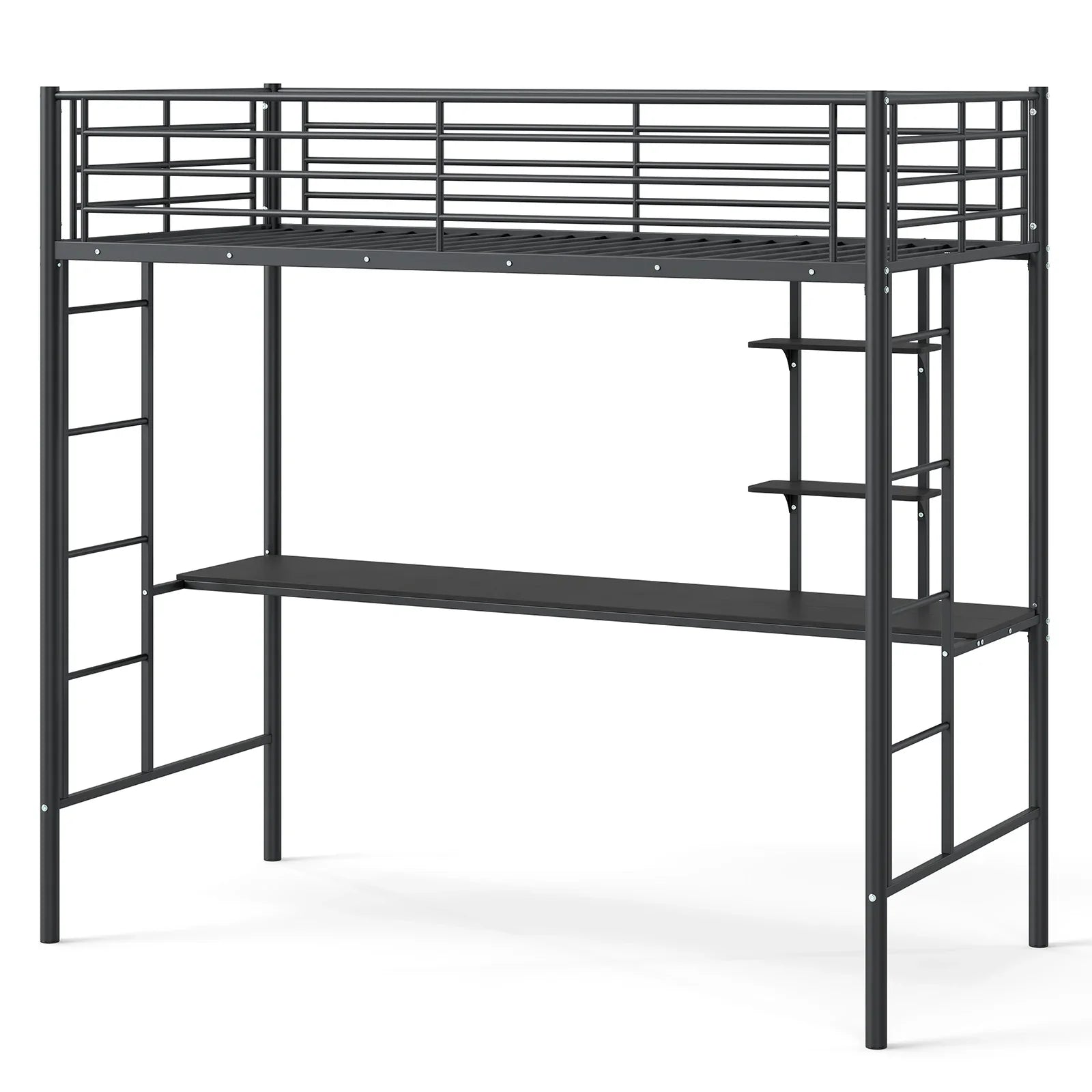 Single Size Loft Bed with Desk and Shelves Metal Loft Bed Frame-Black