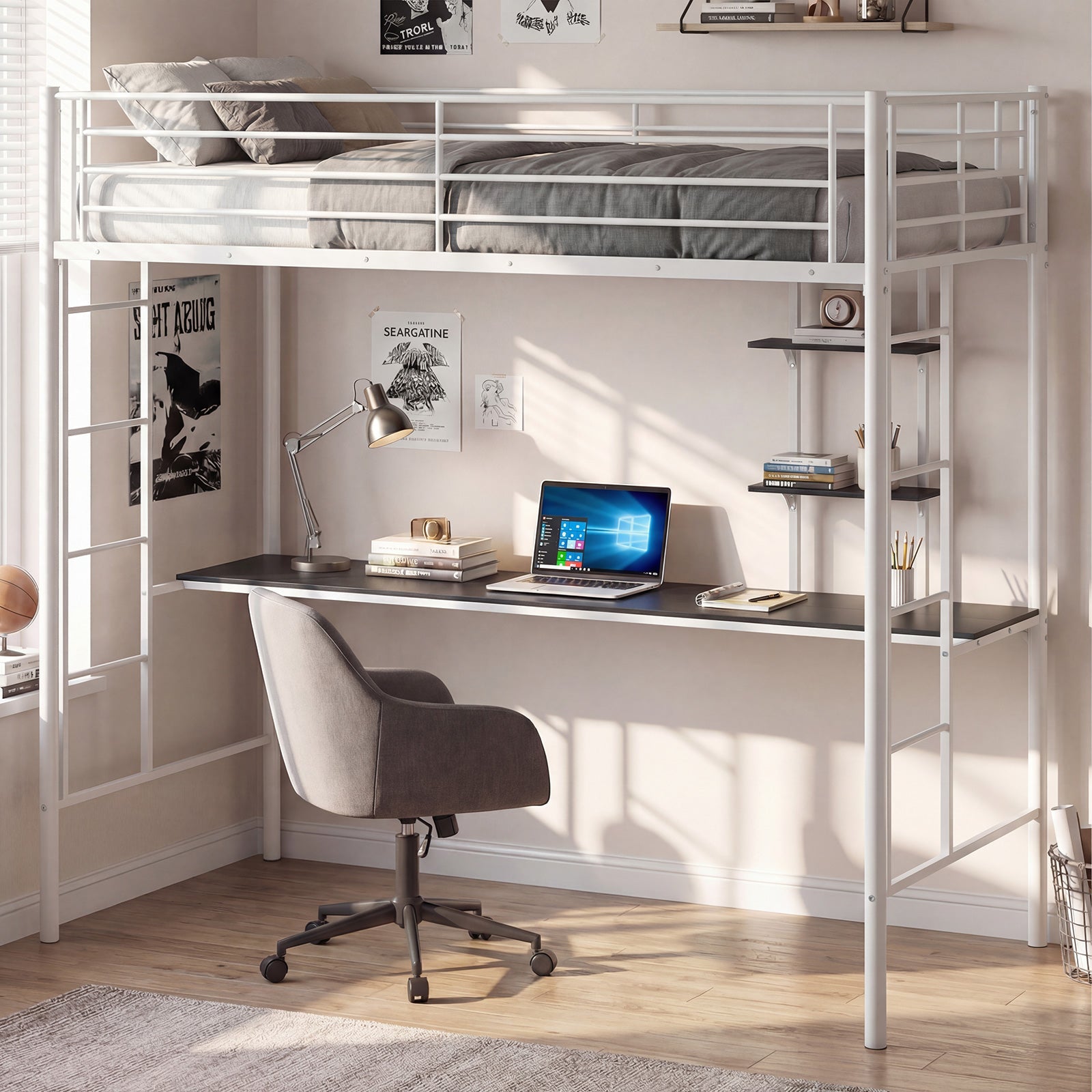 Single Size Loft Bed with Desk and Shelves Metal Loft Bed Frame-Black
