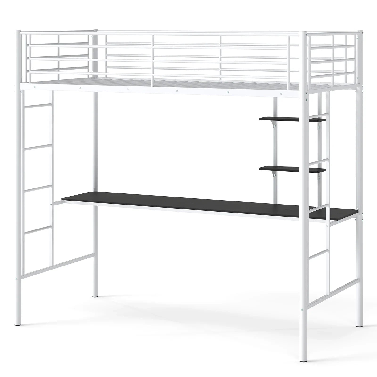 Single Size Loft Bed with Desk and Shelves Metal Loft Bed Frame-Black