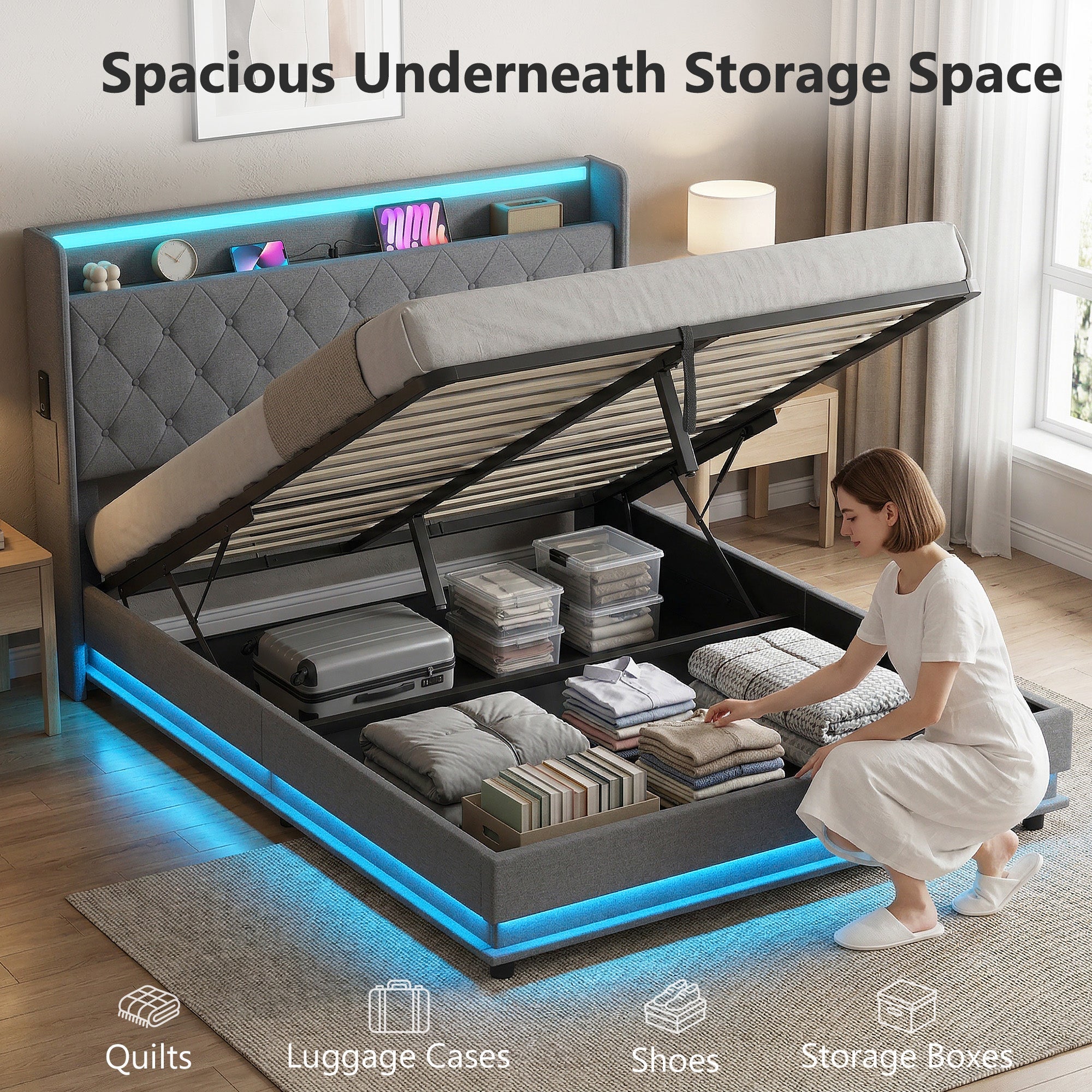 HOMCOM 5ft King Bed Frame with Headboard, Platform Bed Frame with Hydraulic Storage, LED Lights and Charging Station, Grey