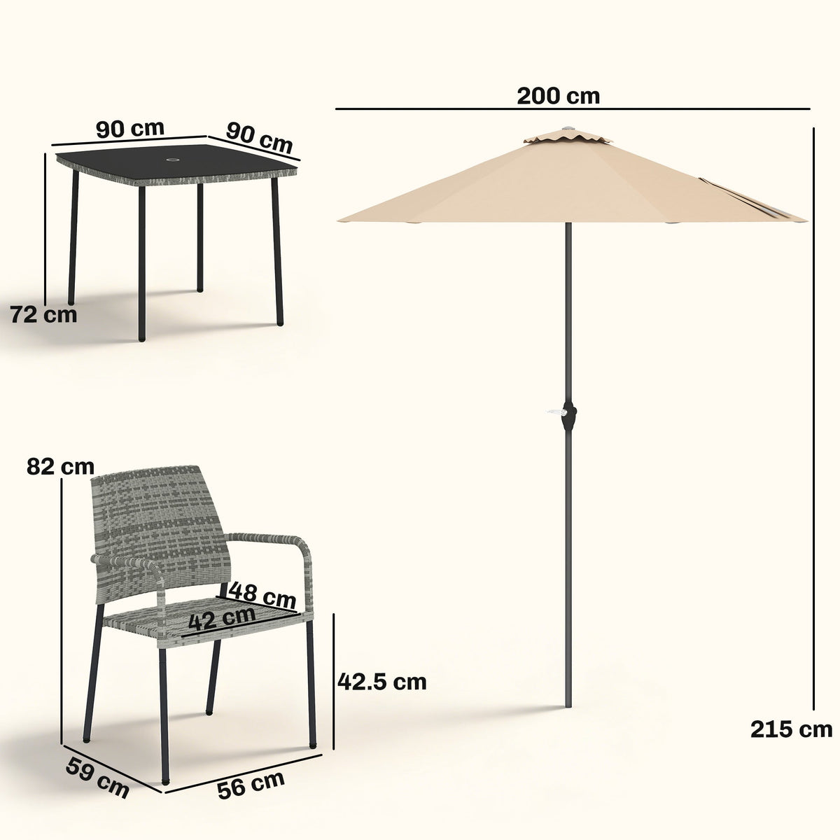 Outsunny 4 Seater Rattan Dining Set with Parasol, 6 Piece Garden Table and Stackable Chairs with Tempered Glass Tabletop - Light Grey
