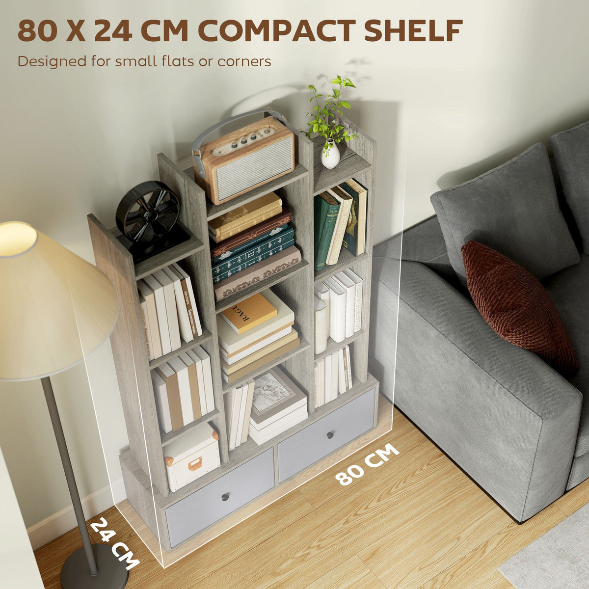 HOMCOM 12 Shelf Storage Unit, with Drawers - Graphite Wood Effect