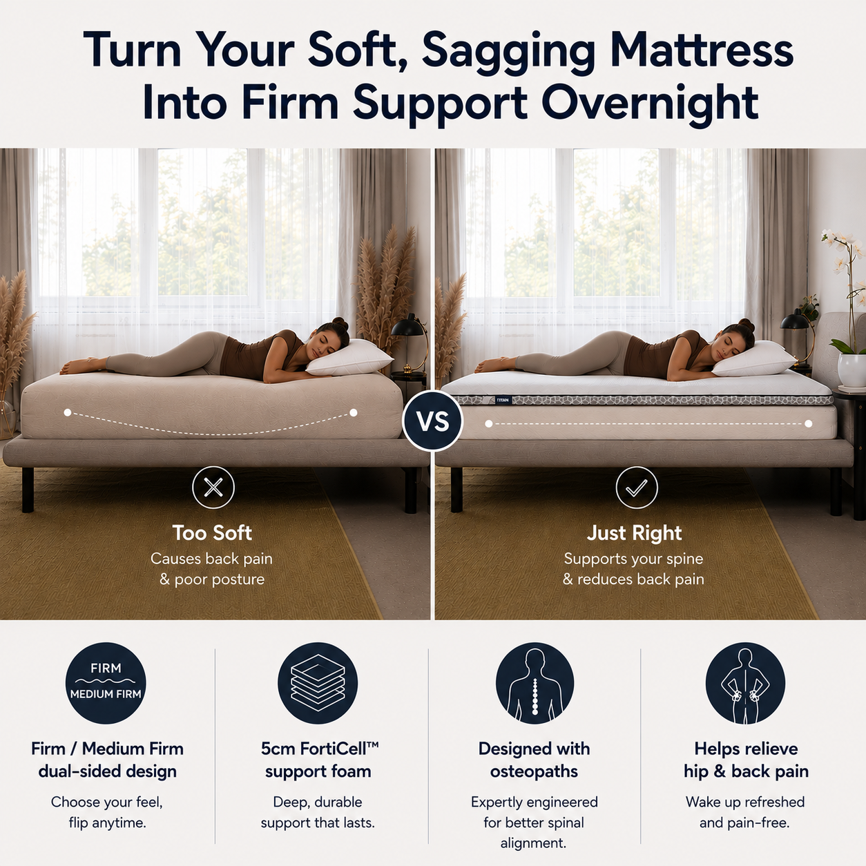 Brightr® Titan Mattress Topper | Firm & Medium Firm | 5 cm Reversible | Enhanced Back & Hip Support for Soft Mattresses