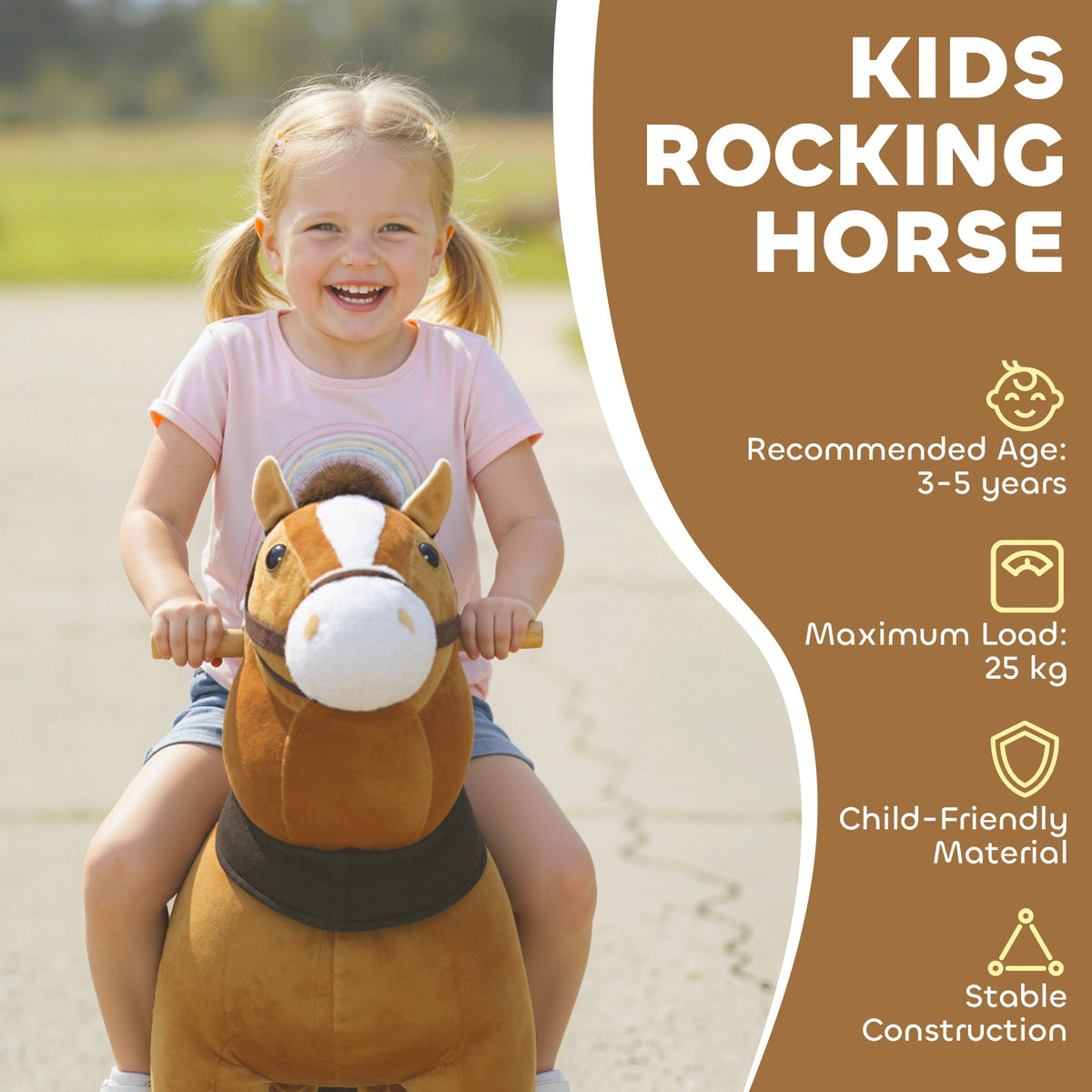 AIYAPLAY Ride On Horse, Plush Walking Horse Toy with Wheels and Saddle for Ages 3-5 Years Old, Brown