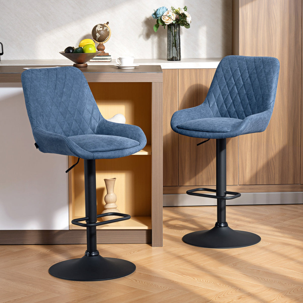HOMCOM Set of Two Faux Leather Retro Bar Stools - Dark Blue