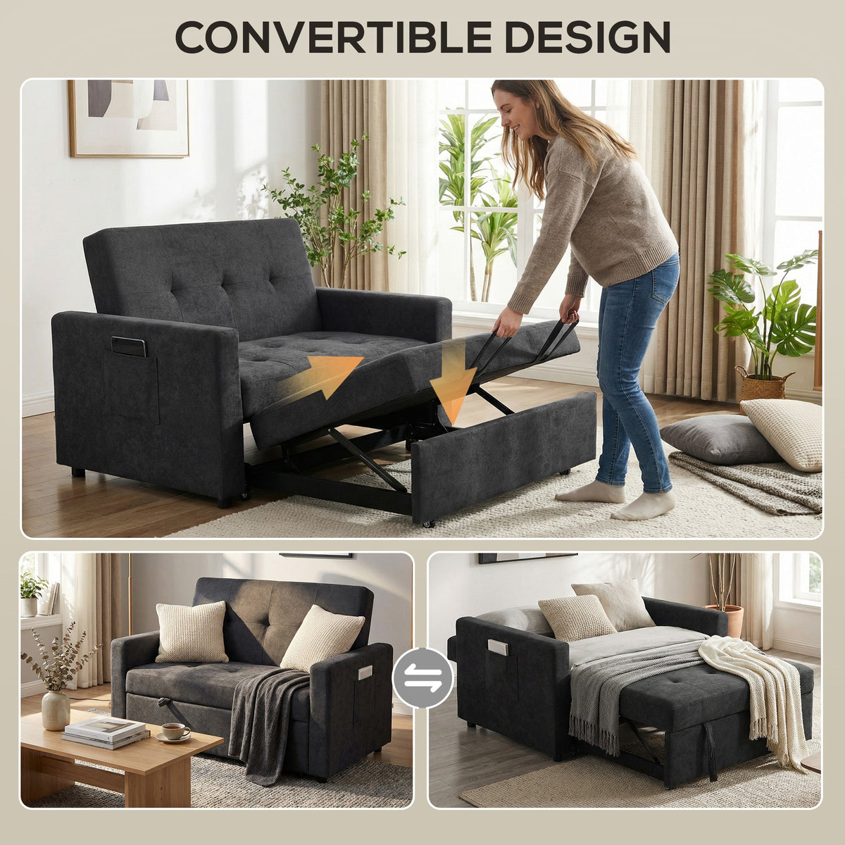 HOMCOM Loveseat Sofa Bed, Convertible Bed Settee with 2 Pillows, Side Pockets, Black