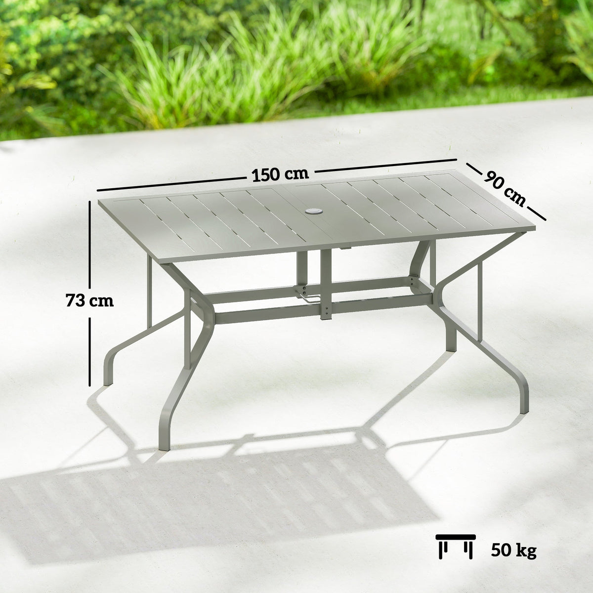 Outsunny Rectangle Garden Table with Parasol Hole, Outdoor Dining Table for 6, Patio Table for Balcony, 150cm x 90cm, Light Grey