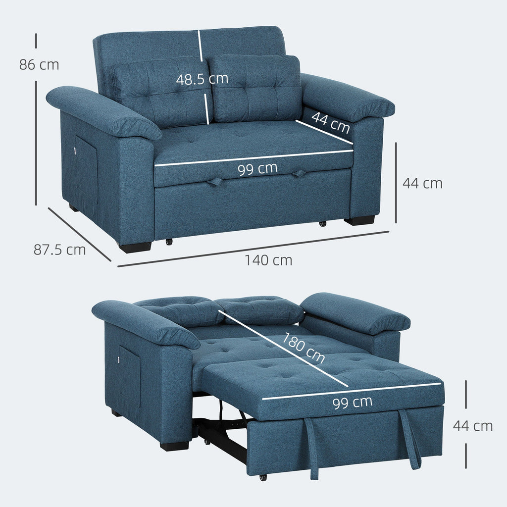 HOMCOM Pull Out Sofa Bed with 2 Pocket Springs, Fabric 2 Seater Click Clack Sofa Bed Settee, Convertible Sofa Couch with Pillows and Side Pockets for Living Room, Home Office, Blue