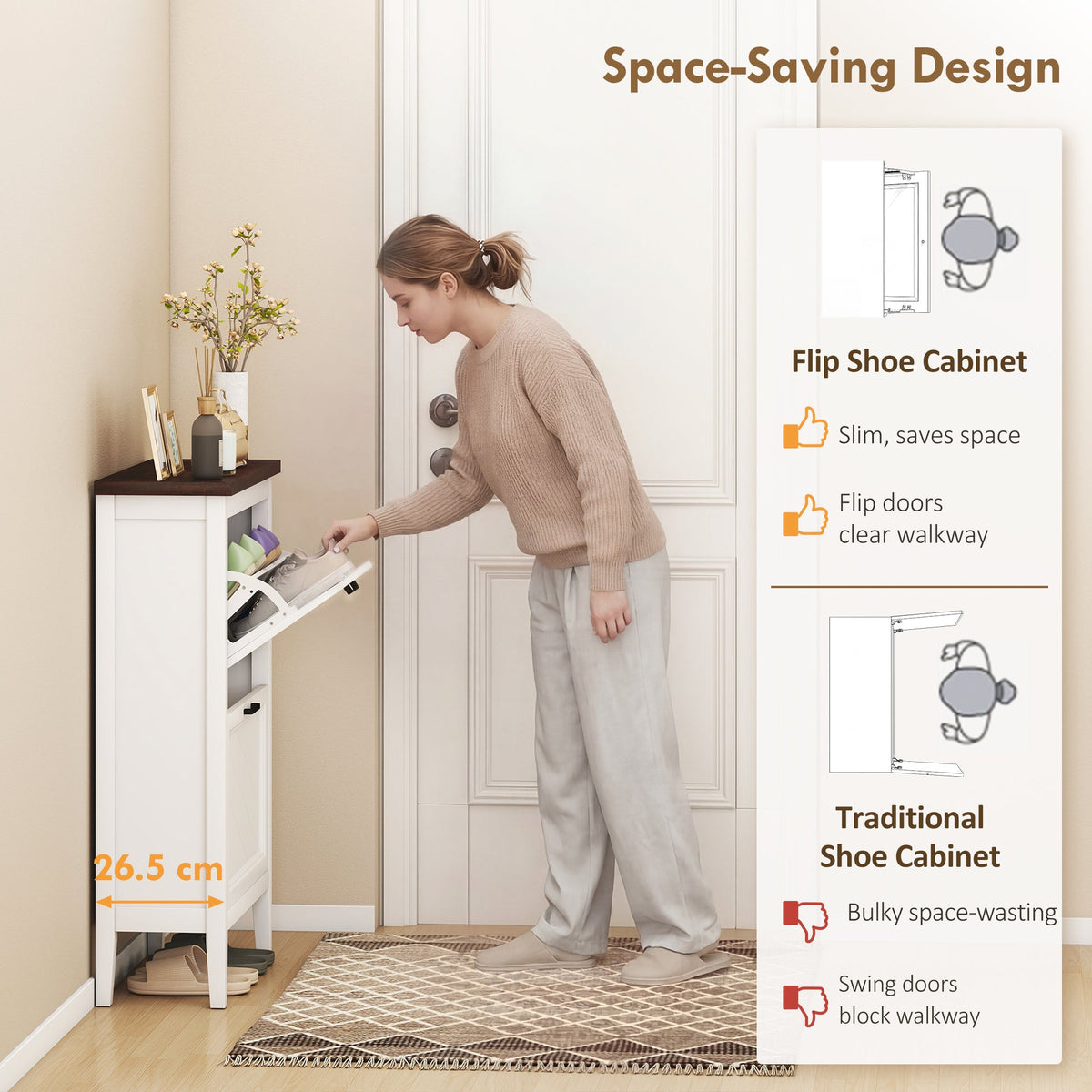 HOMCOM Shoe Cabinet with 2 Flip Drawers, Farmhouse Narrow Shoe Storage Cabinet with Adjustable Shelves, White