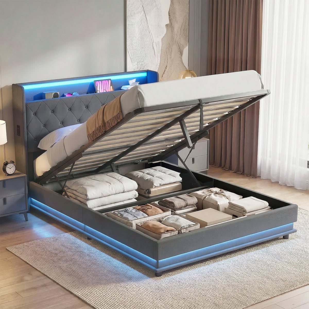 HOMCOM 4ft6 Double Bed Frame with Headboard, Platform Bed Frame with Hydraulic Storage, LED Lights and Charging Station, Grey