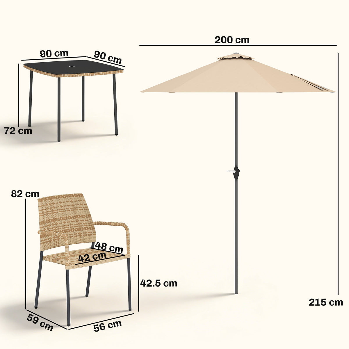 Outsunny 4 Seater Rattan Dining Set with Parasol, 6 Piece Garden Table and Stackable Chairs with Tempered Glass Tabletop - Brown