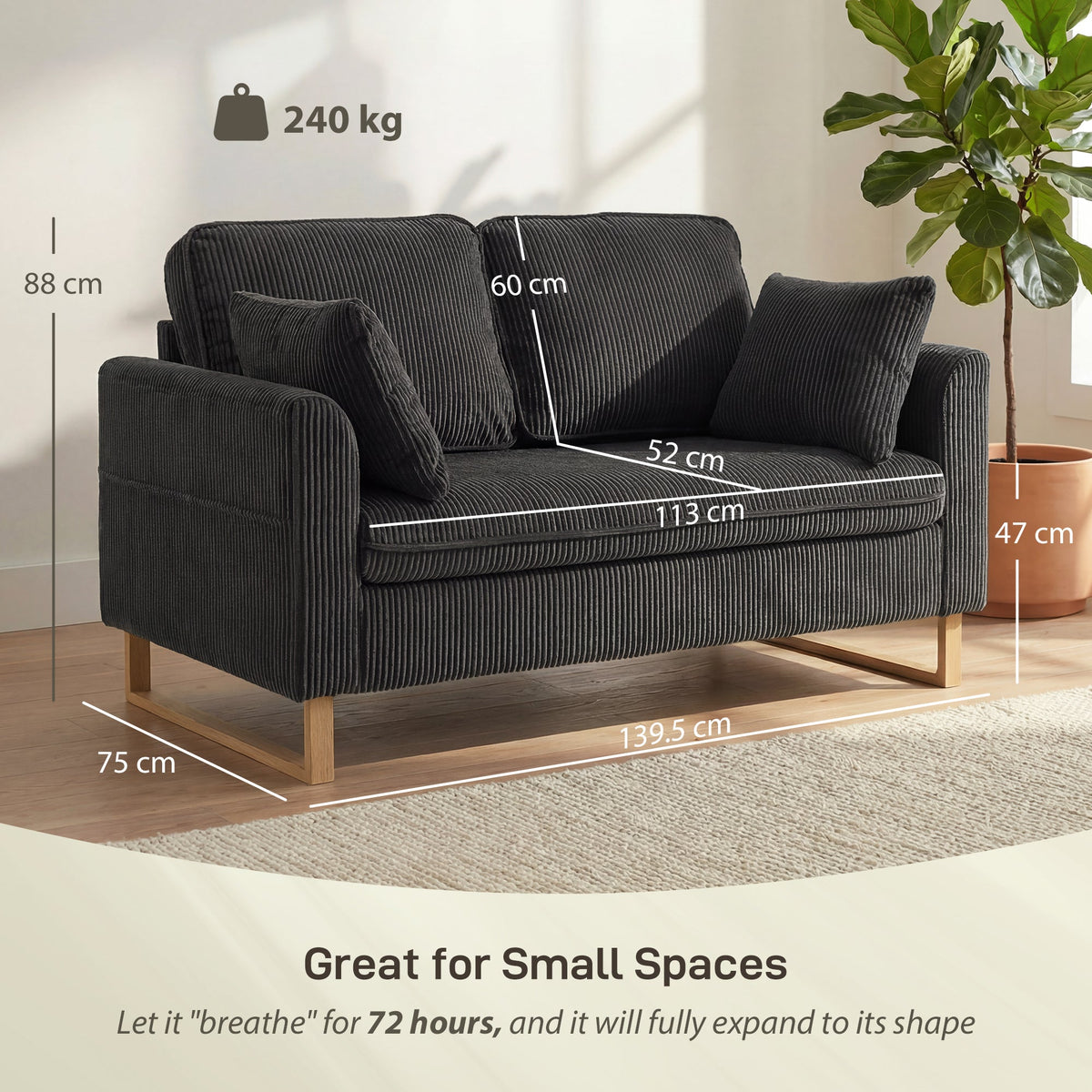 HOMCOM 2 Seater Sofa, 140 cm Loveseat Sofa with Spring Cushions, Metal Legs, 2 Pillows, Dark Grey
