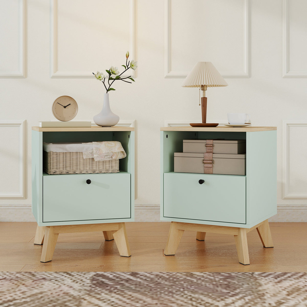 HOMCOM Modern Nightstand Set of 2, Bedside Table with Drawer and Open Shelf, Side End Table for Bedroom, Light Green