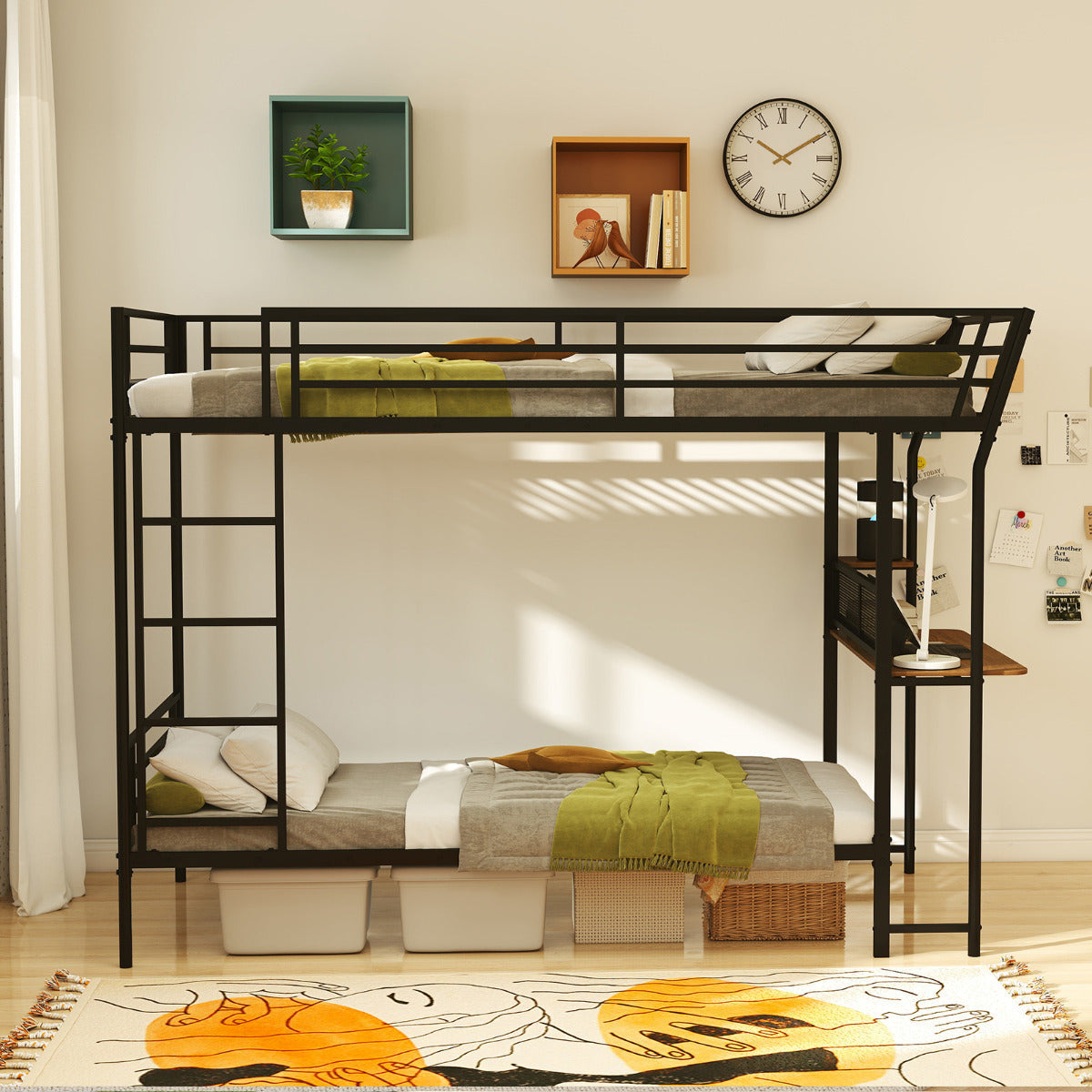 Bunk Bed with Desk Loft Bed with Wooden Tabletop and Shelf