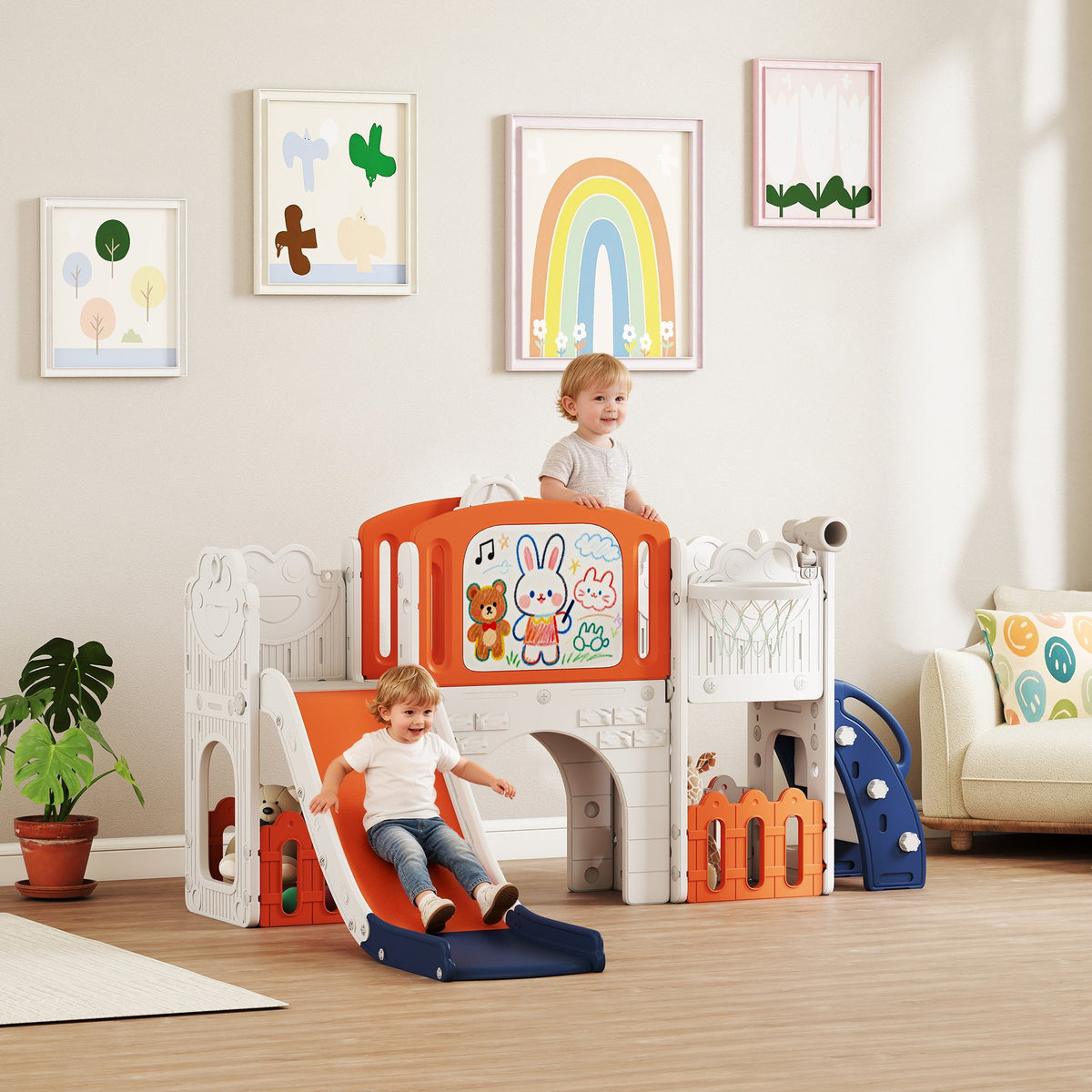 AIYAPLAY 7 in 1 Toddler Slide Set with Basketball Hoop, Climbing Frame, Telescope, Drawing Board, Storage Box, Orange
