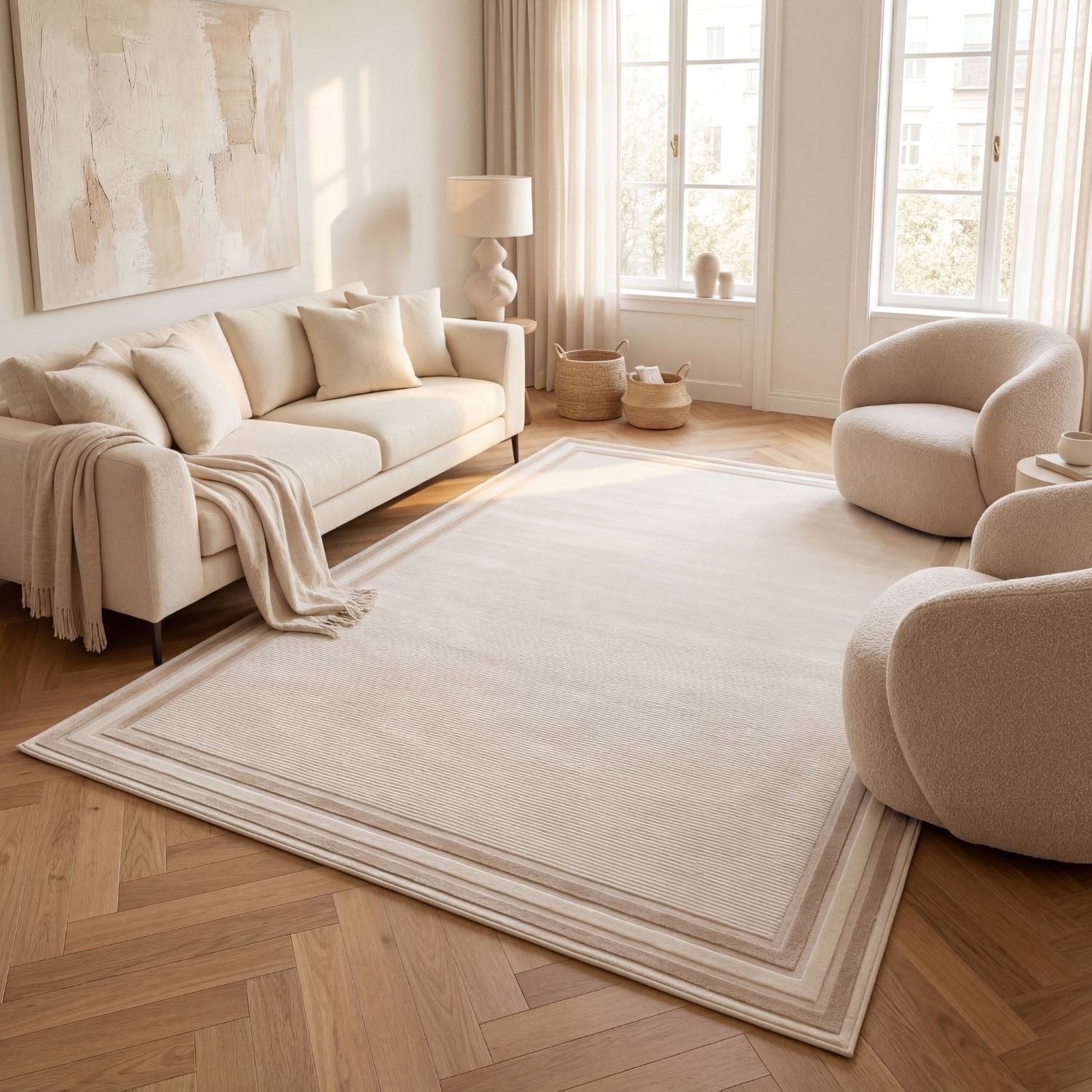 Carmel Cream-Beige Bordered Rug | 6060