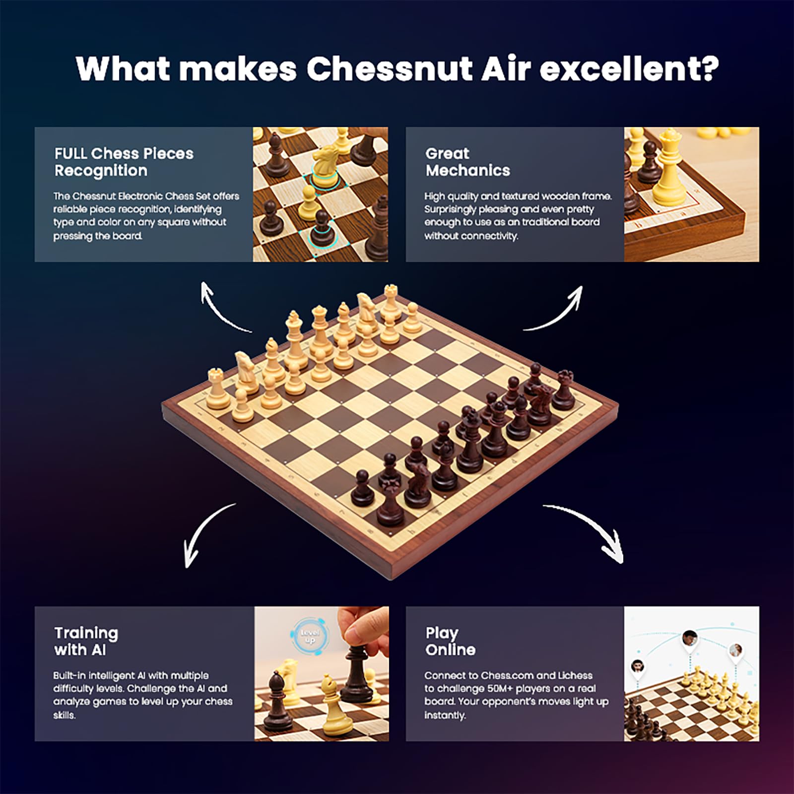 Chessnut Air Electronic Chess Set — Handcrafted Wooden Board with AI, LEDs & Online Play