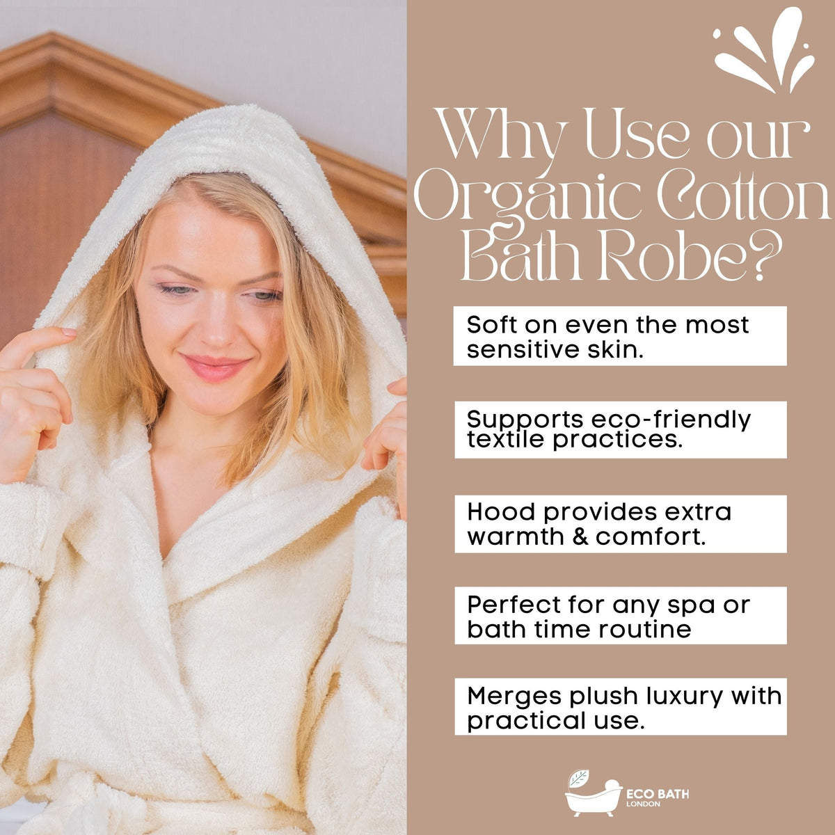 Eco Bath London Hooded Organic Cotton Bath Robe - 100% Certified Organic Cotton