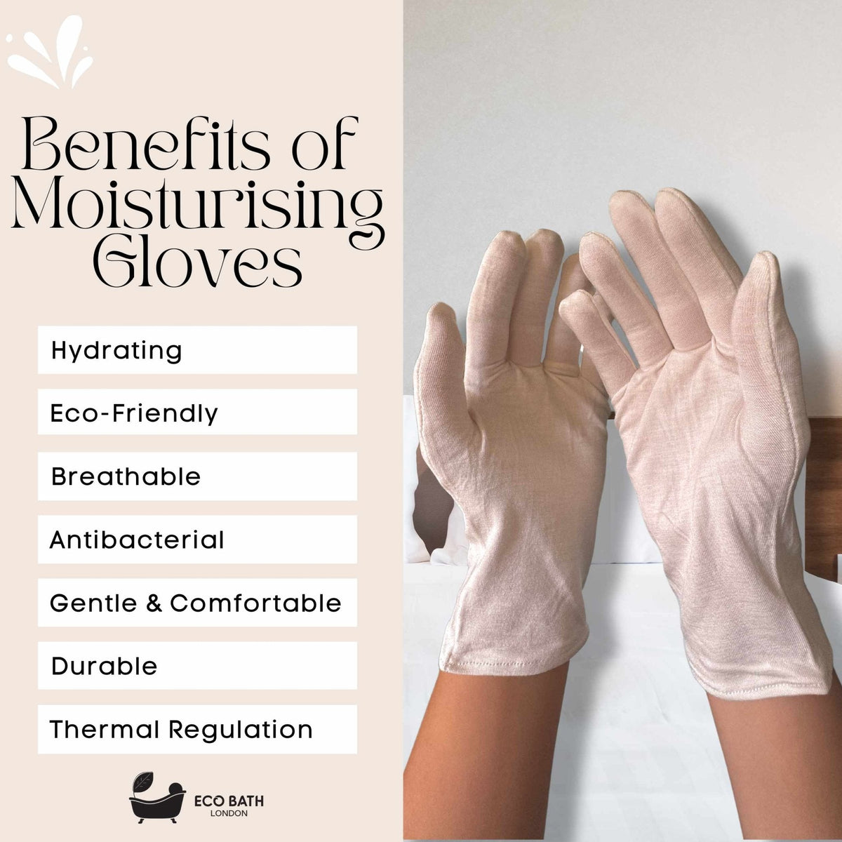 Eco Bath London Moisturising Gloves - 1 Pair, Ultra Soft Hand Gloves for Eczema & Dry Hands