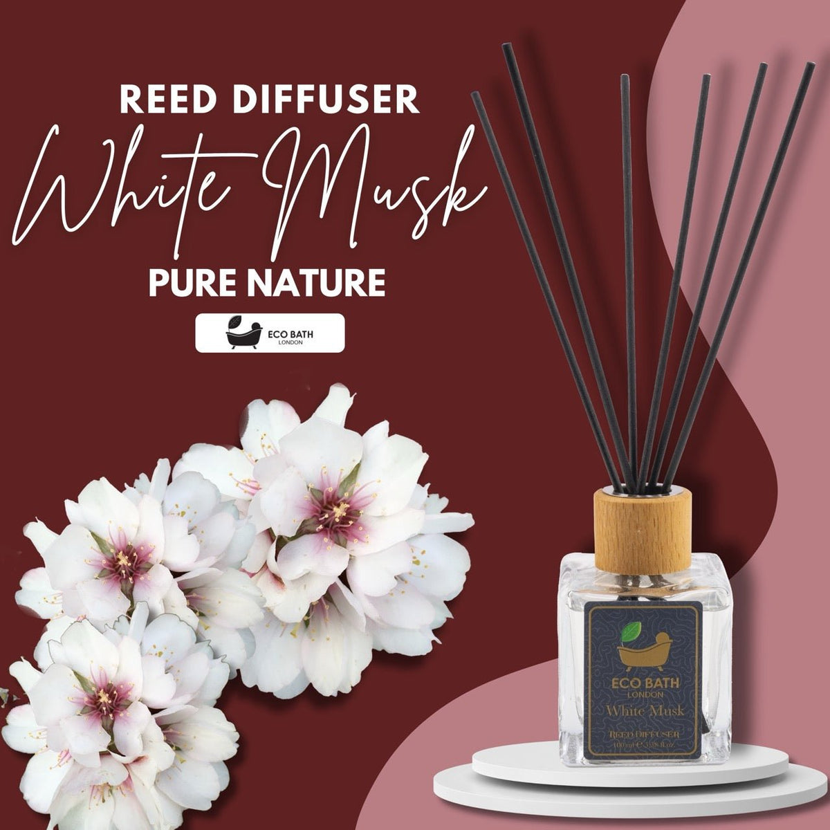 Eco Bath London White Musk Reed Diffuser - Fresh and Sweet Fruits Scented Room Diffuser with Lemon, Mandarin, Green Pear, and Bergamot, 100ml (3.38 Fl.Oz)