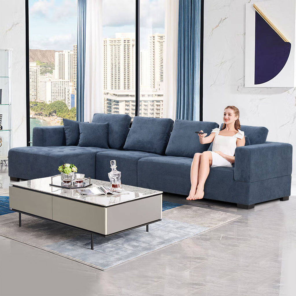 134'' Mid Century Modern Sofa With Left Chaise for Living Room Sofa, BLUE