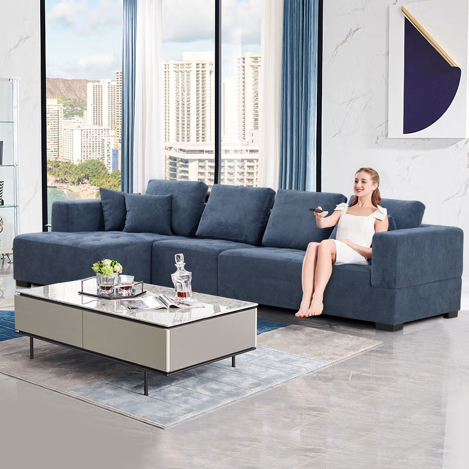 134'' Mid Century Modern Sofa With Left Chaise for Living Room Sofa, BLUE
