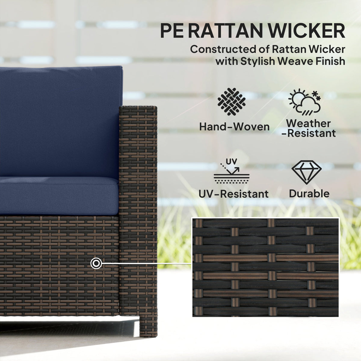 Outsunny 3 Seater Rattan Sofa All-Weather Wicker Weave Metal Frame Chair with Fire Resistant Cushio-Dark Blue