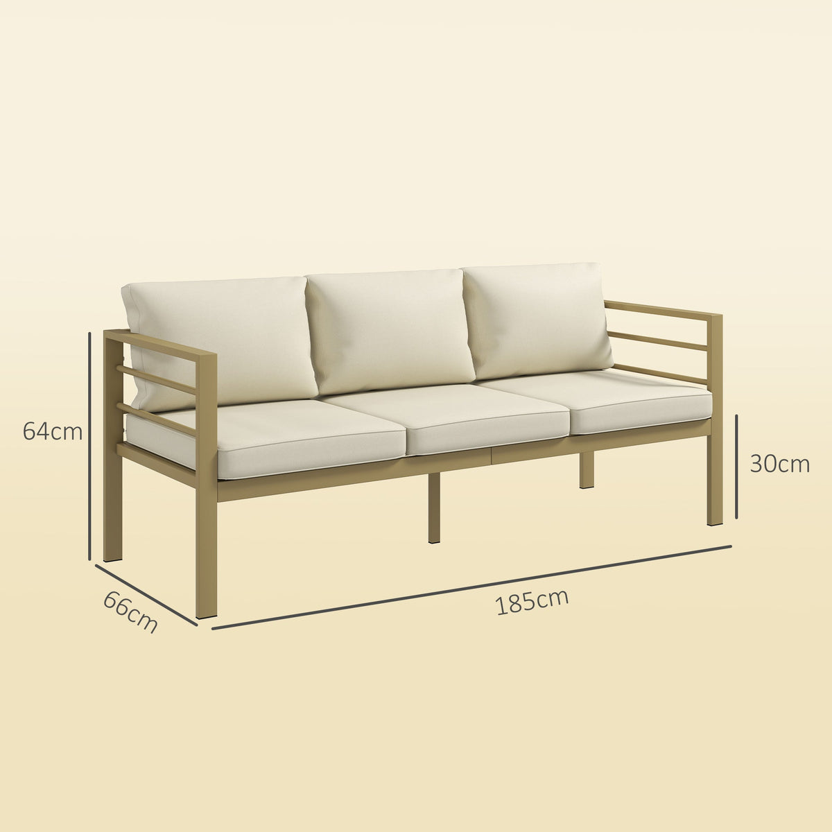 Outsunny Garden Bench with Cushions, 3-Seater Sofa with Backrest, Armrest and Back Cushions, 185 x 66 x 64cm, Cream White