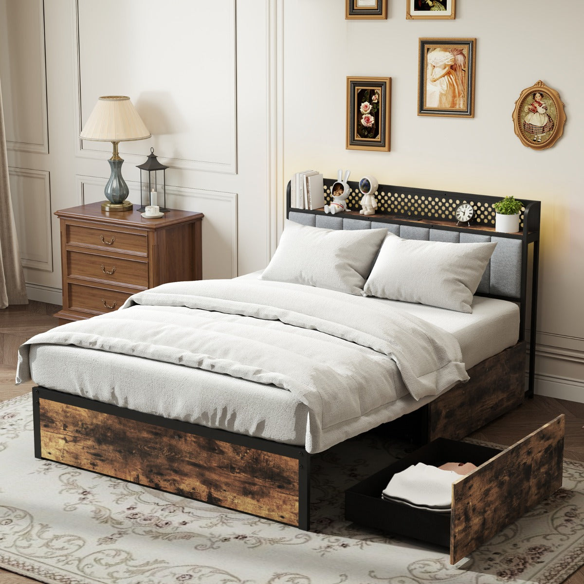 Industrial Metal Platform Bed with LED Lights  and USB Power Outlets -Double Size