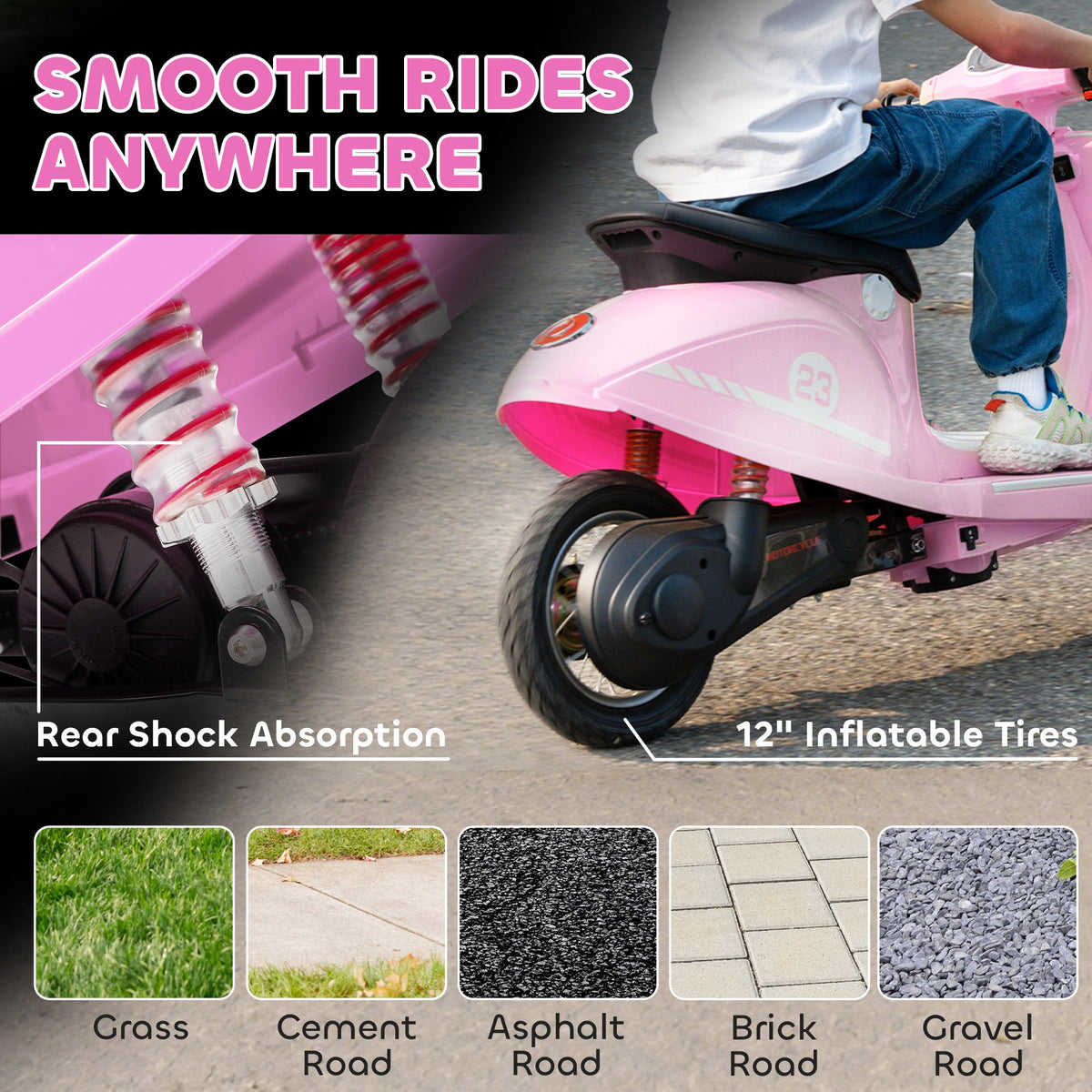 AIYAPLAY 24V Kids Electric Motorbike, Ride on Motorcycle with Manual Throttle, Brakes and LED Lights for Ages 8-12 Years, Pink