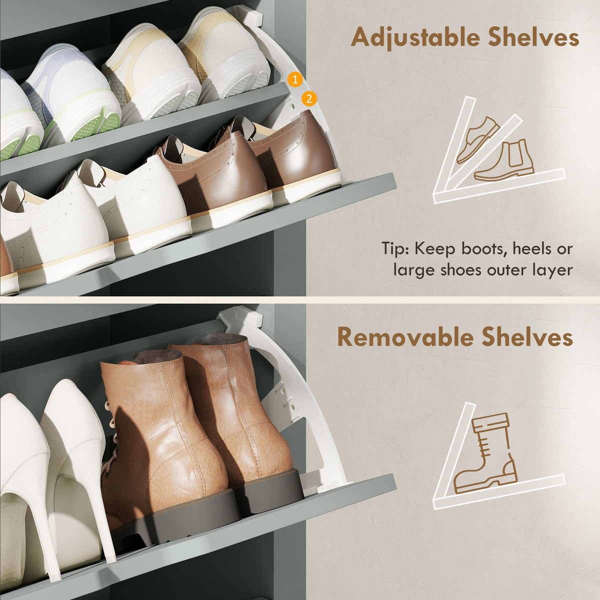 HOMCOM Slim Shoe Cabinet, Narrow Shoe Cupboard with 3 Flip Drawers, Adjustable Shelves for 18 Pairs of Shoes, Light Grey