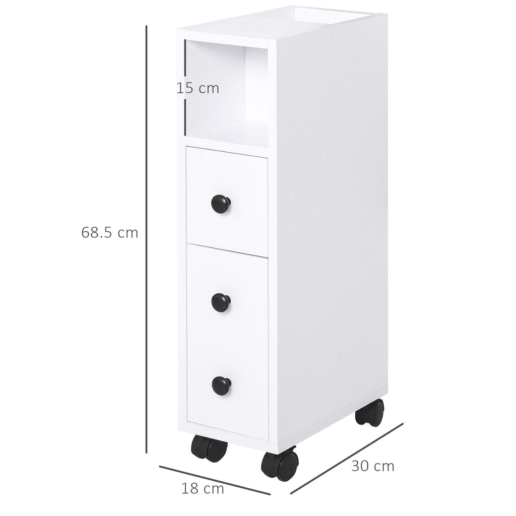 kleankin Slimline Bathroom Storage Unit w/ 2 Drawers 2 Open Compartments Wheels Handles Freestanding Compact Home Office Furniture White