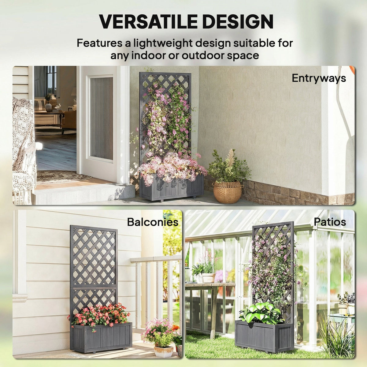 Outsunny Wood Planter with Trellis for Climbing Plants, Raised Bed, Planter Box with Drainage Holes to Grow Herbs Flowers, Grey