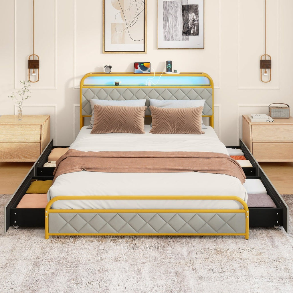 Modern Faux Leather Upholstered Platform Bed with Storage Headboard-Golden-King Size