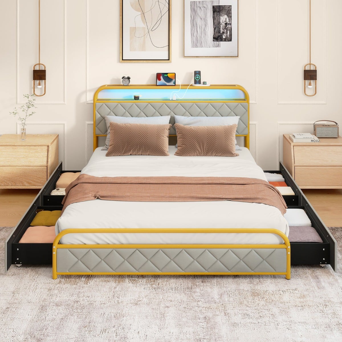 Modern Faux Leather Upholstered Platform Bed with Storage Headboard-Golden-King Size
