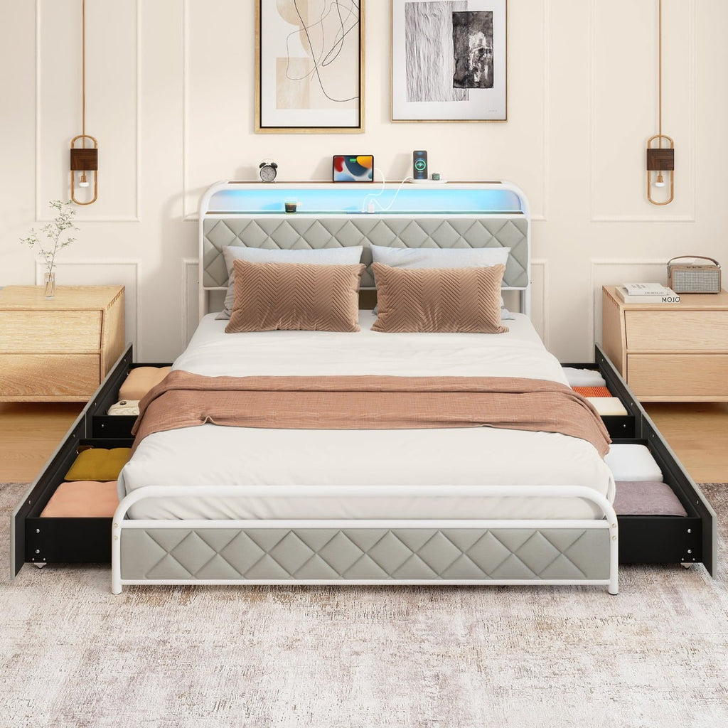 Modern Faux Leather Upholstered Platform Bed with Storage Headboard-Golden-King Size